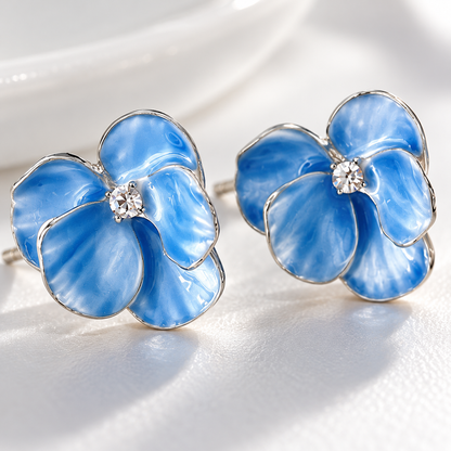 💙 Must-Have | Silver Blue Enamel Floral Earrings | Petal-shaped Rhinestone Stud Earwear
