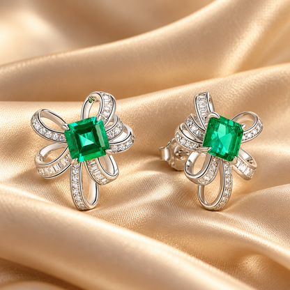 💚 Popular Pick | Silver Emerald Color Gem Earrings | Bow-shaped Inlaid Zircon Stud Ear Jewelry