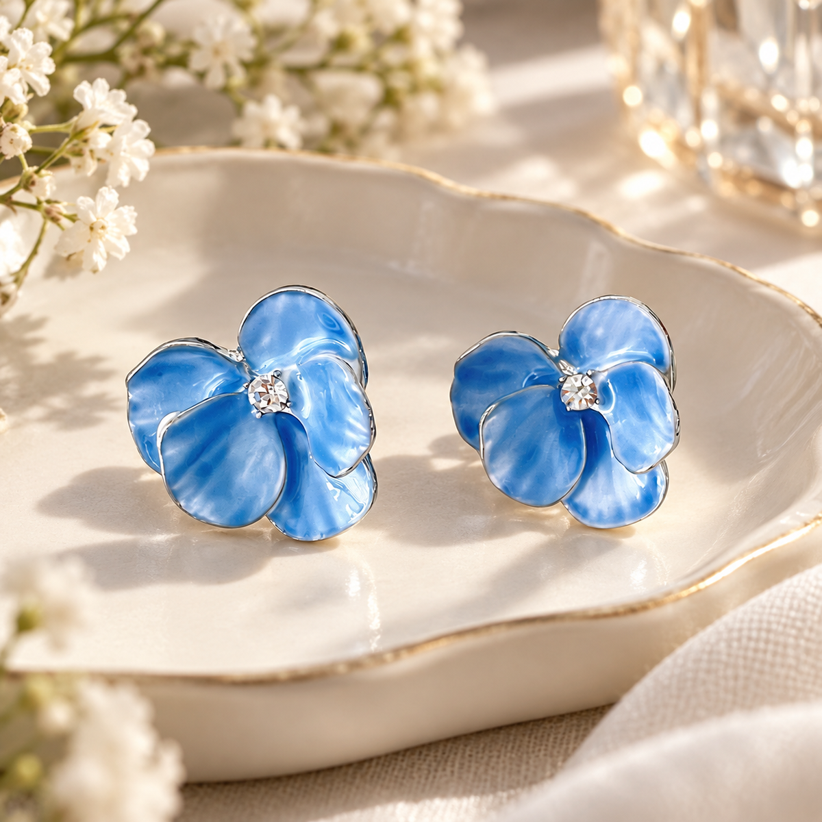💙 Must-Have | Silver Blue Enamel Floral Earrings | Petal-shaped Rhinestone Stud Earwear