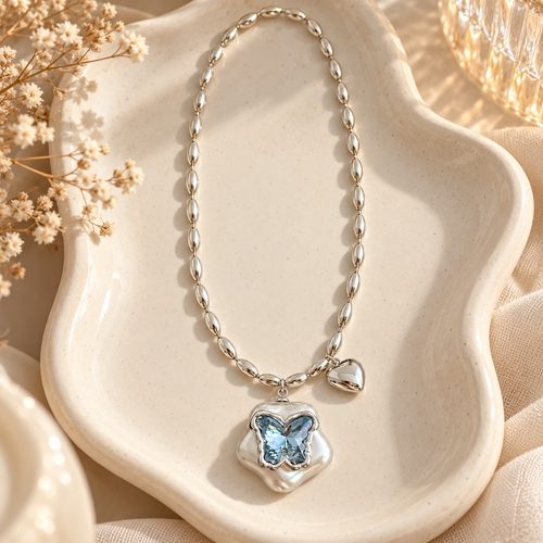 🦋 Eye-Catcher | Blue Crystal Butterfly Necklace | Y2K Dopamine Statement Jewelry