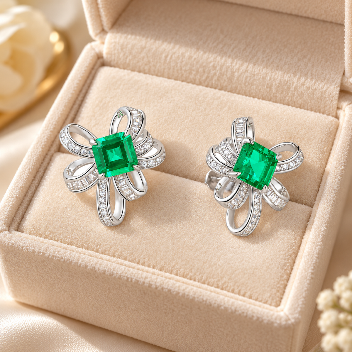 💚 Popular Pick | Silver Emerald Color Gem Earrings | Bow-shaped Inlaid Zircon Stud Ear Jewelry