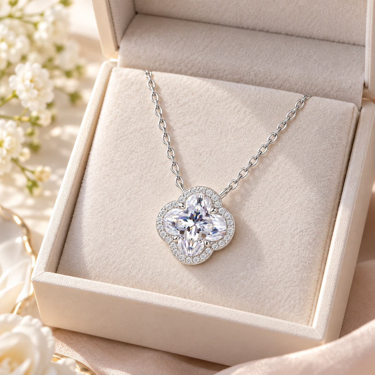 💎 Iconic Pick | Silver Moissanite Clover Necklace | Sparkling Timeless Floral Pendant