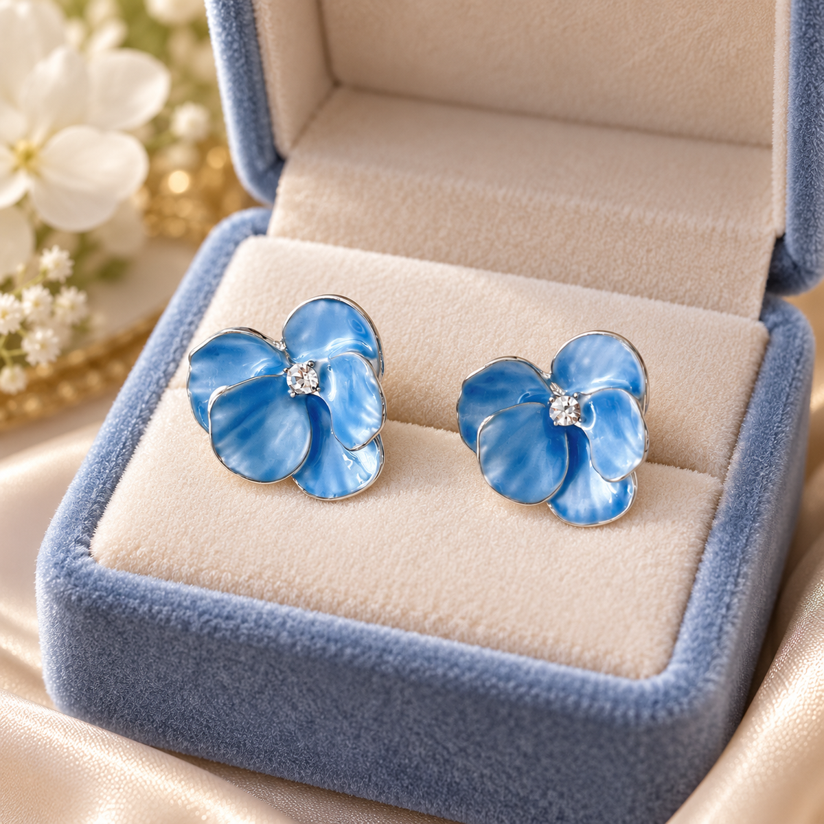 💙 Must-Have | Silver Blue Enamel Floral Earrings | Petal-shaped Rhinestone Stud Earwear