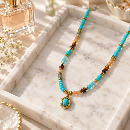 🌼 Boho Staple | Natural Stone Beaded Necklace | Earthy Turquoise Layerable Charm