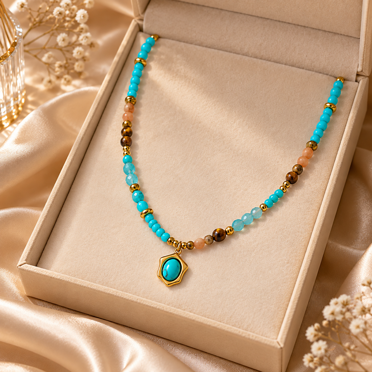 🌼 Boho Staple | Natural Stone Beaded Necklace | Earthy Turquoise Layerable Charm