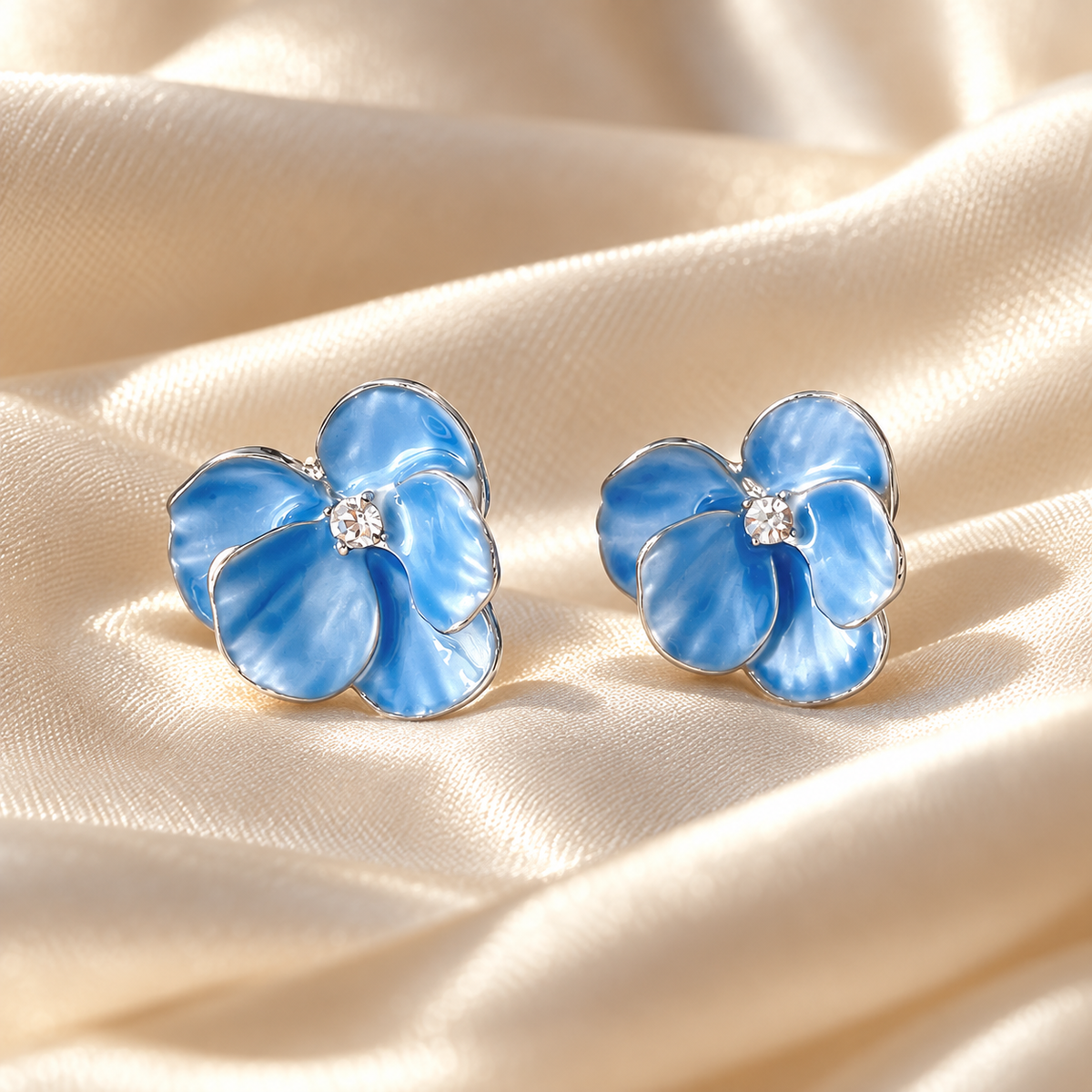 💙 Must-Have | Silver Blue Enamel Floral Earrings | Petal-shaped Rhinestone Stud Earwear