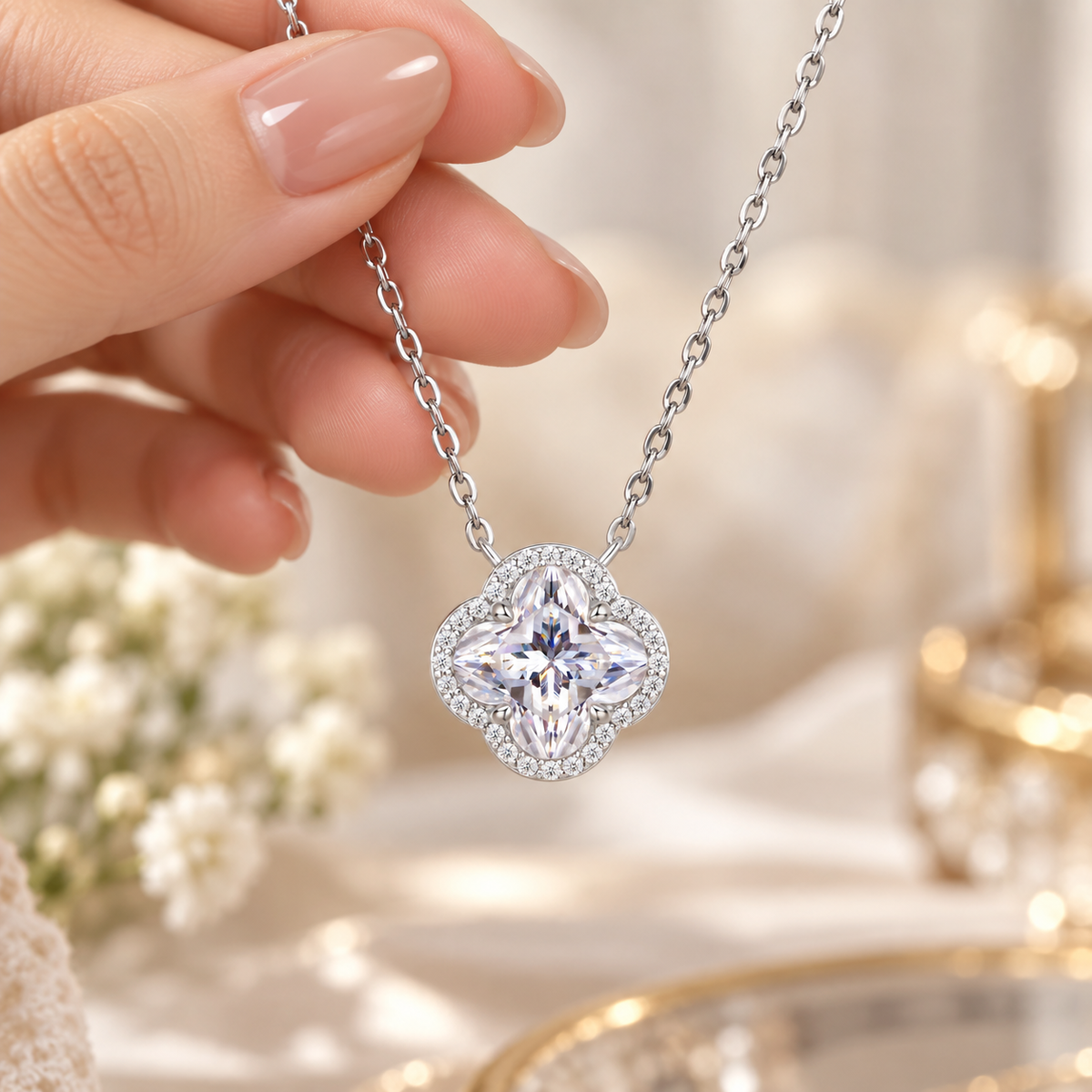 💎 Iconic Pick | Silver Moissanite Clover Necklace | Sparkling Timeless Floral Pendant
