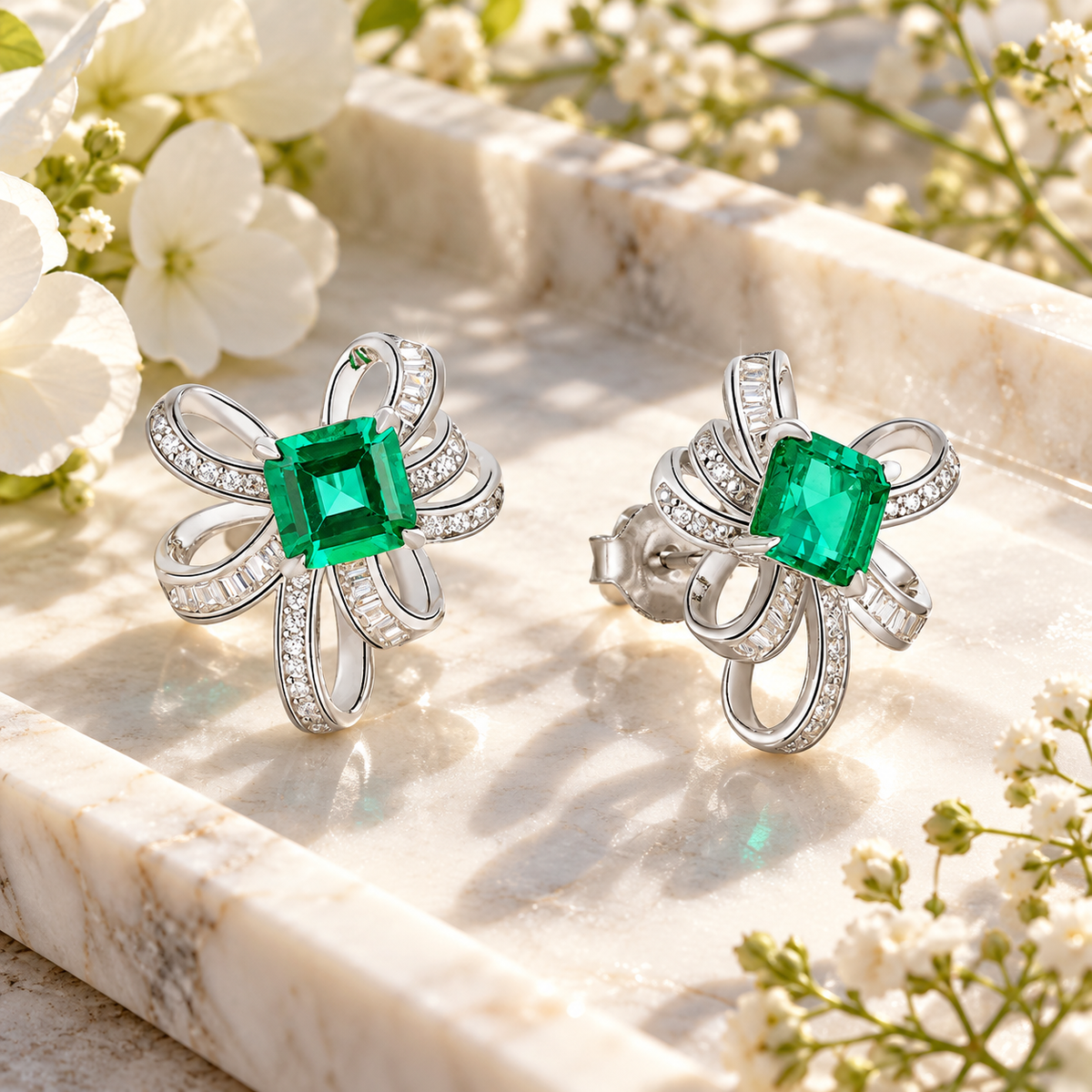 💚 Popular Pick | Silver Emerald Color Gem Earrings | Bow-shaped Inlaid Zircon Stud Ear Jewelry