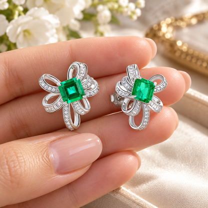 💚 Popular Pick | Silver Emerald Color Gem Earrings | Bow-shaped Inlaid Zircon Stud Ear Jewelry