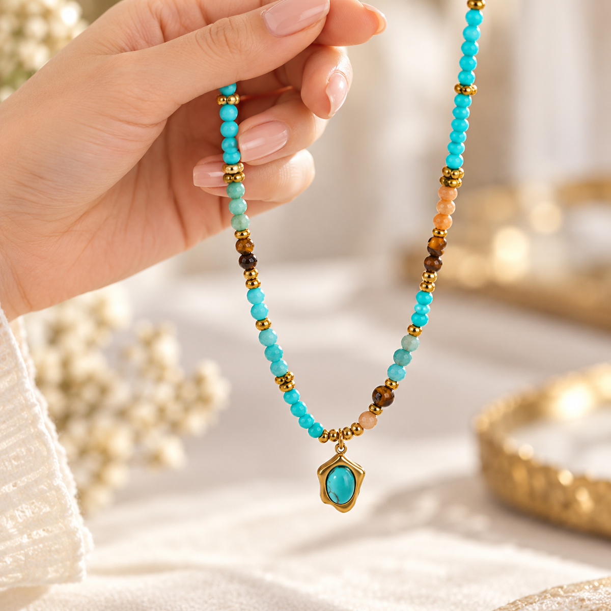 🌼 Boho Staple | Natural Stone Beaded Necklace | Earthy Turquoise Layerable Charm