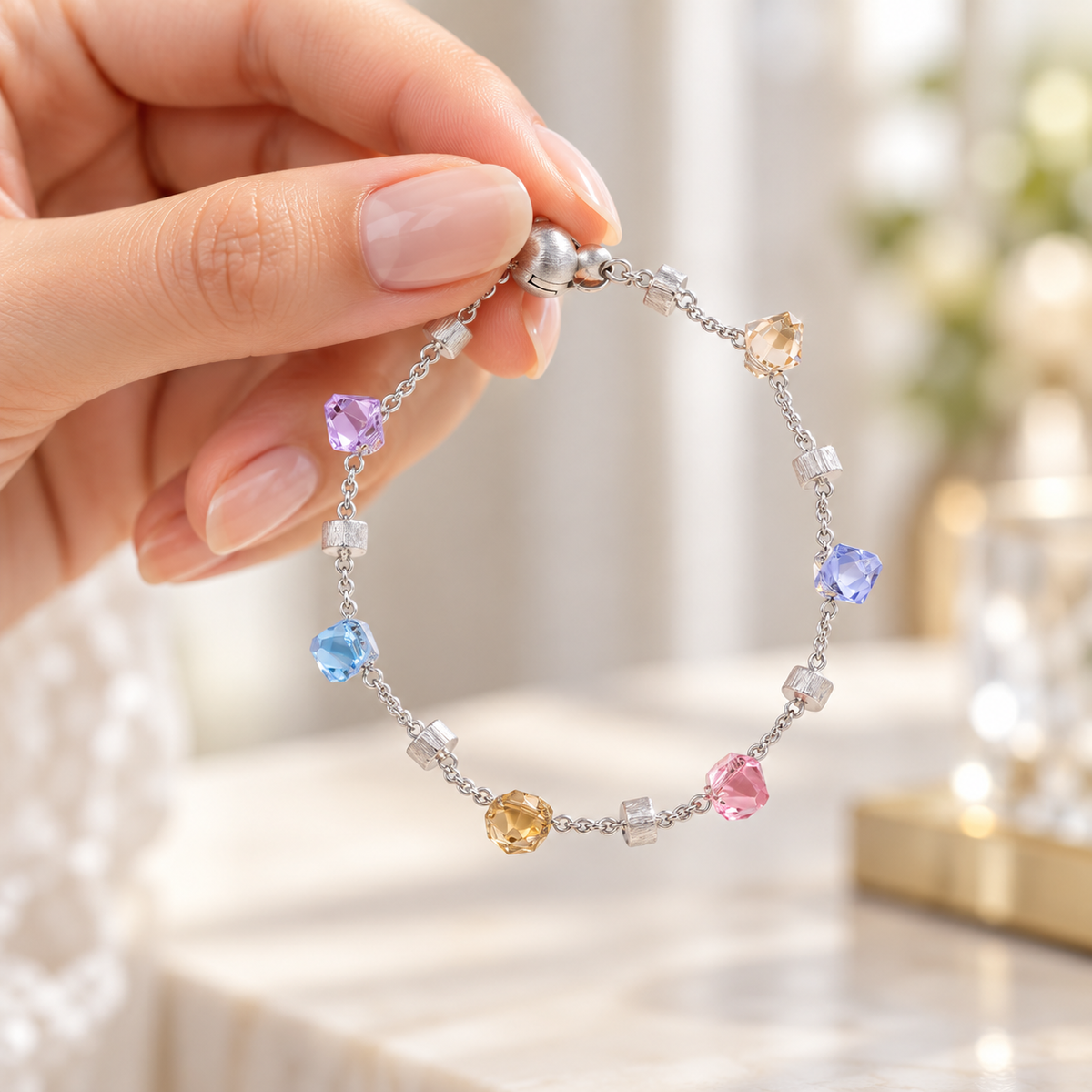 💫 Trendy Pick | Silver Multicolor Crystal Bracelet | Playful Vibrant Beaded Wrist Chain
