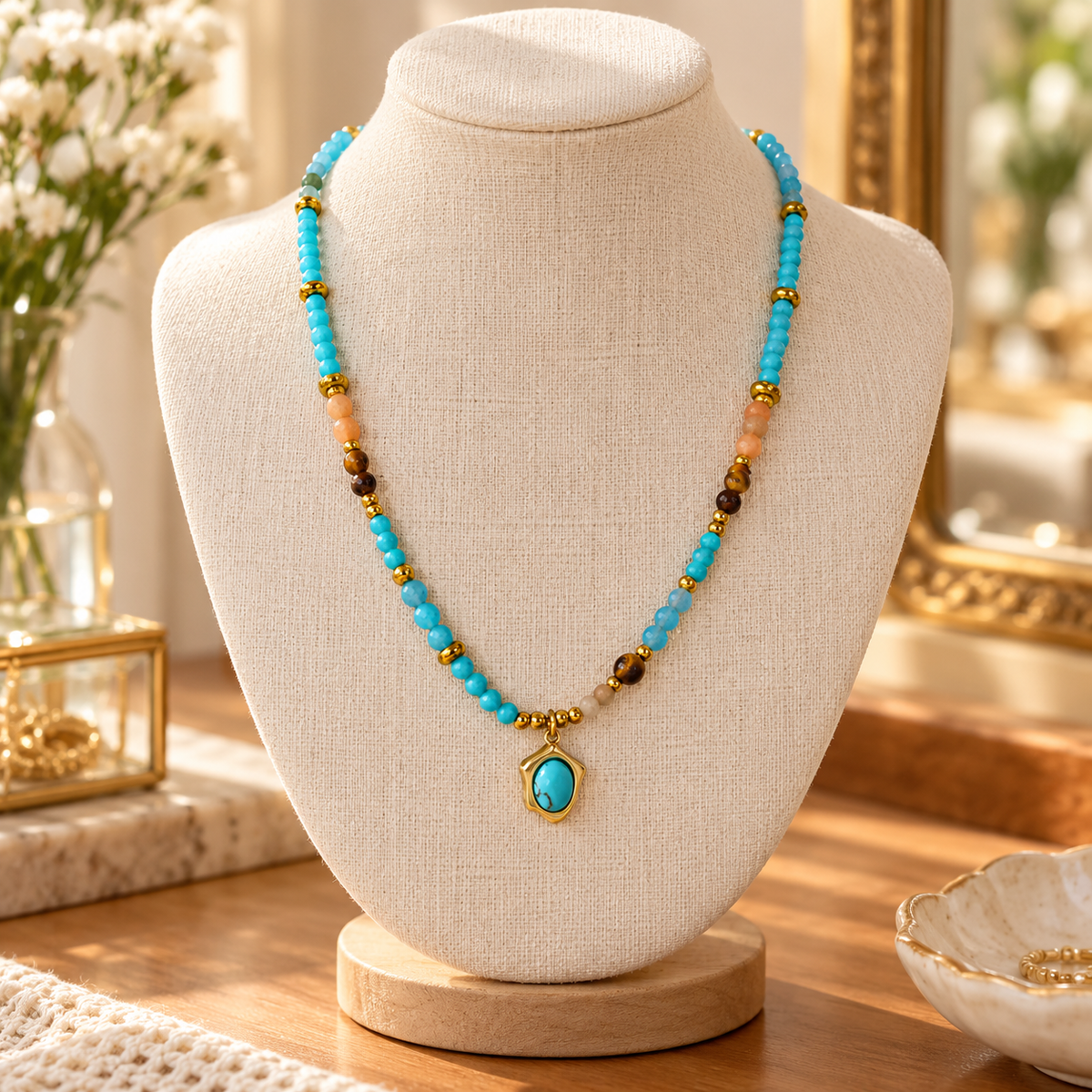 🌼 Boho Staple | Natural Stone Beaded Necklace | Earthy Turquoise Layerable Charm