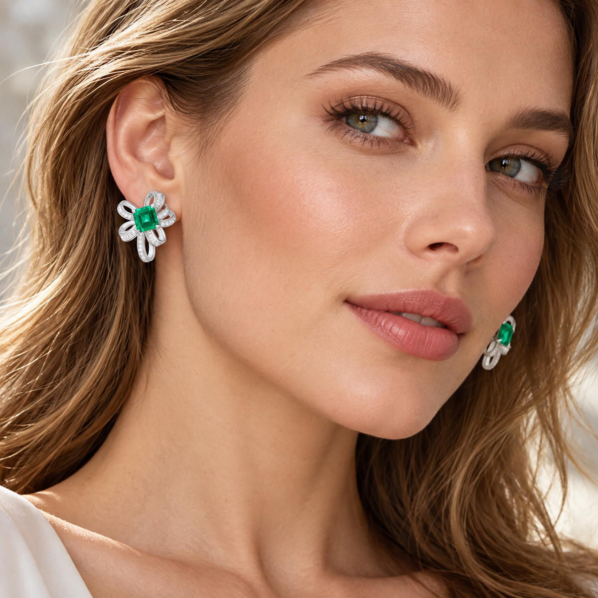 💚 Popular Pick | Silver Emerald Color Gem Earrings | Bow-shaped Inlaid Zircon Stud Ear Jewelry