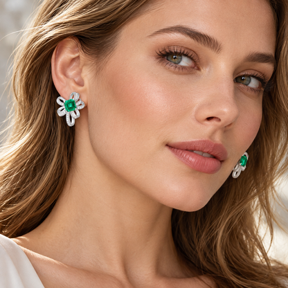 💚 Popular Pick | Silver Emerald Color Gem Earrings | Bow-shaped Inlaid Zircon Stud Ear Jewelry