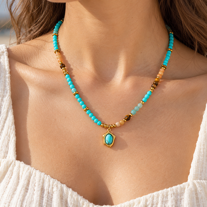 🌼 Boho Staple | Natural Stone Beaded Necklace | Earthy Turquoise Layerable Charm